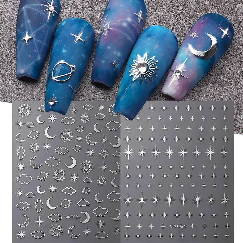 6 Sheets Nail Stickers Self Adhesive Nail Art Stickers Star Moon Sun Gold Silver Foil Nail Decals for Women Nail Art Decoration Accessories 3