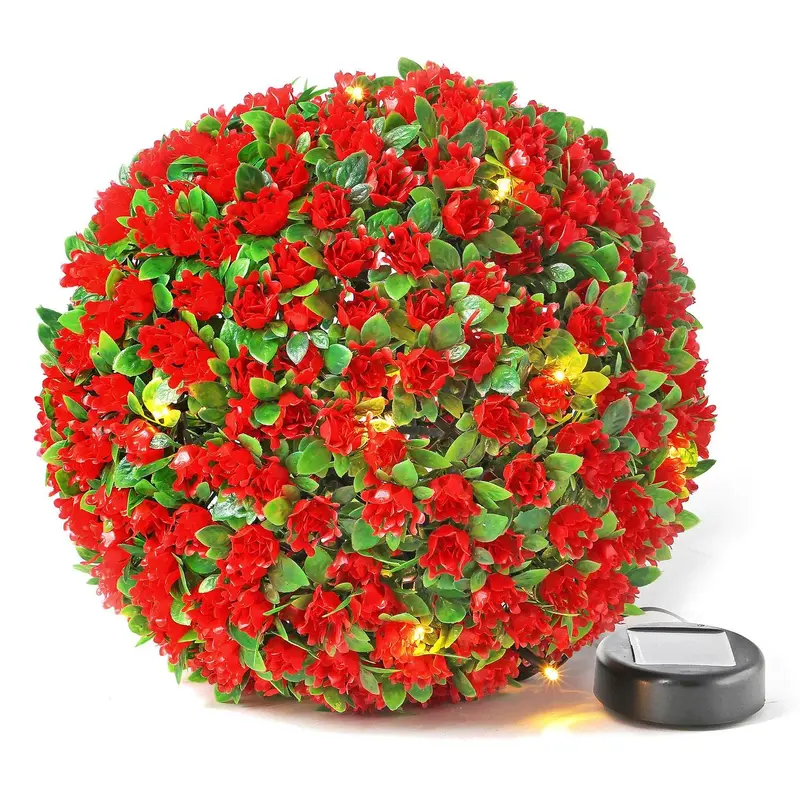 New Solar Powered Topiary Ball Lights - 27cm Topiary Balls with 20 Solar LED Lights - Garden Ornament Hanging Sphere Decoration - Wedding Artificial Plant - Backyard Balcony Garden Decor (Red) 3