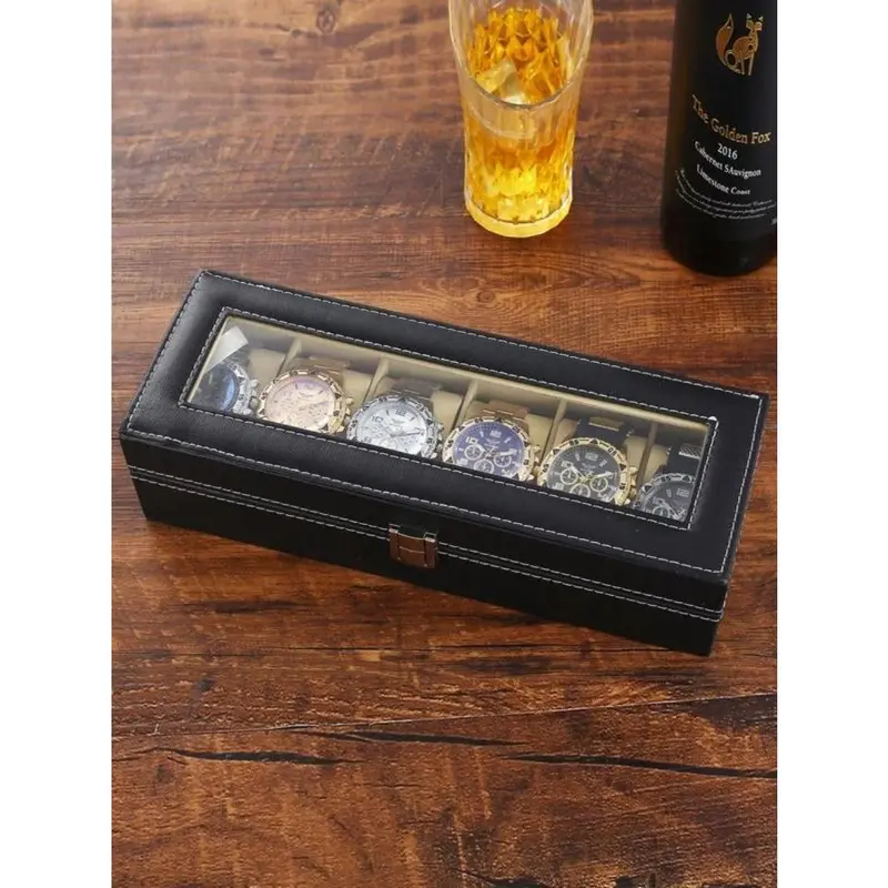 Luxury 6-Slot Watch Box Organizer with Glass Top, Premium Black PU Leather Exterior, Soft Velvet Interior, Square Watch Display Case with Flip-Top Lid for Storage and Showcase 4