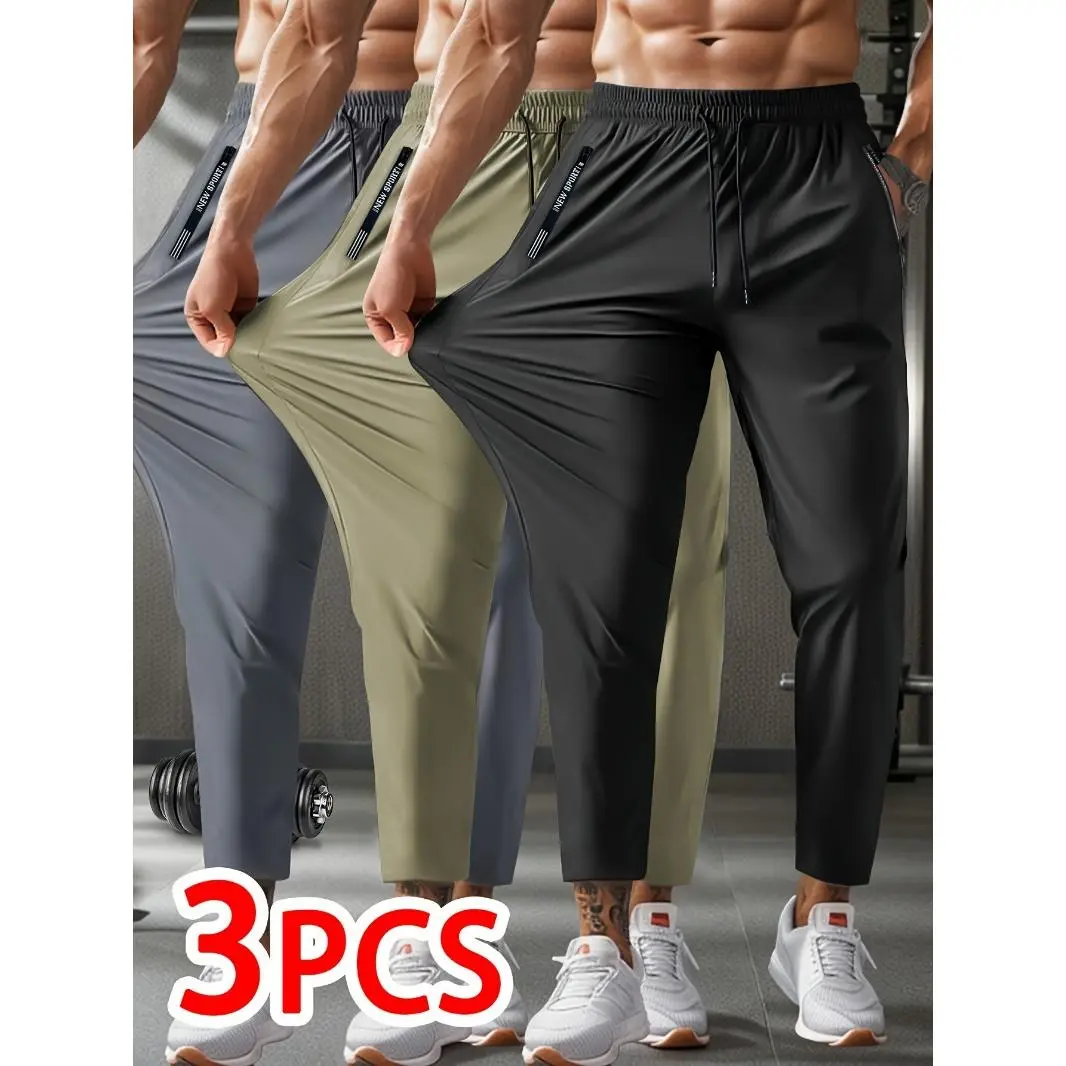 3pcs Men's Stretch Cropped Athletic Pants - Solid Color, Zipper Waistband, Breathable Nylon Blend for Gym, Hiking & Outdoor Activities, Workout Pants