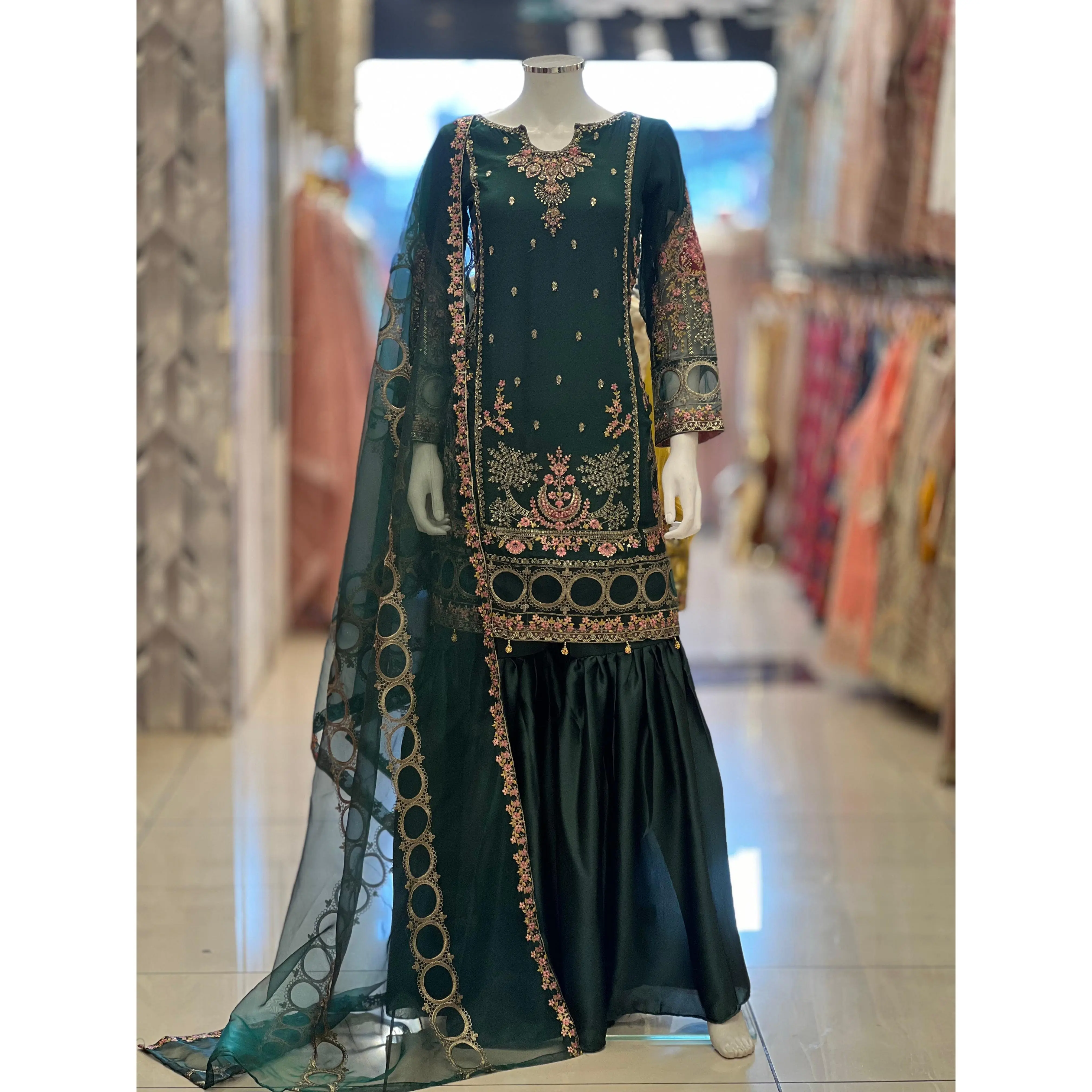 Kashish Vol - 2 Chiffon Shirt With Silk Garara & Net Scarf Eid Collection 2024 -RN02- Bottle Green