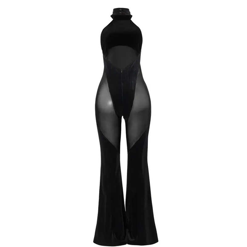 Women&#039;s New Hanging Neck Sexy Stitching Solid Color Sleeveless Mesh Stitching Casual Jumpsuit 2