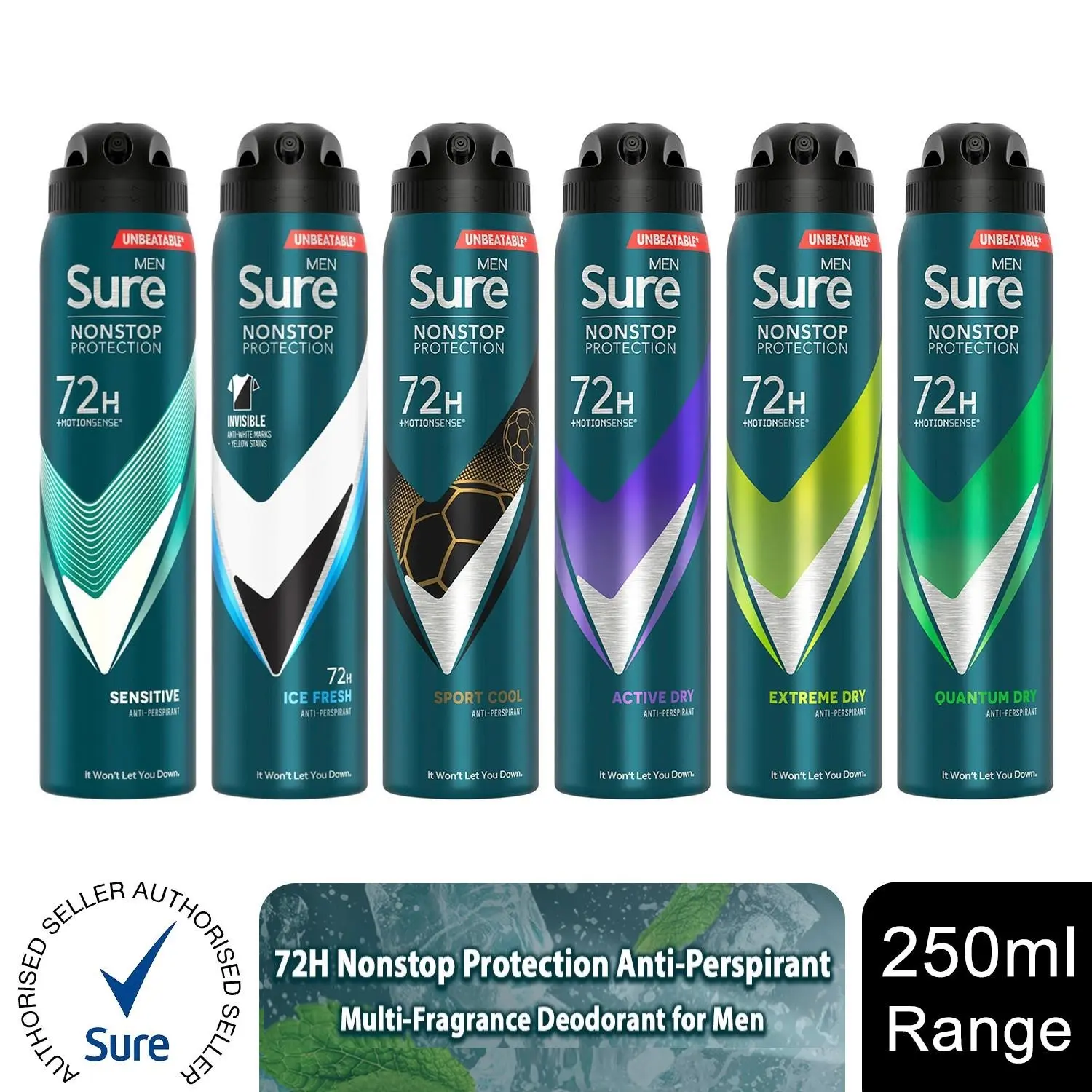 Sure Men Anti-perspirant 72H Nonstop Protection Multi-Fragrance Deodorant, 250ml