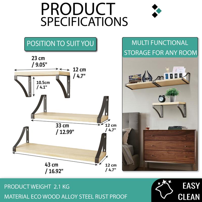 Floating Shelf Wall Mounted 3 Wood Shelves With Metal Brackets 2
