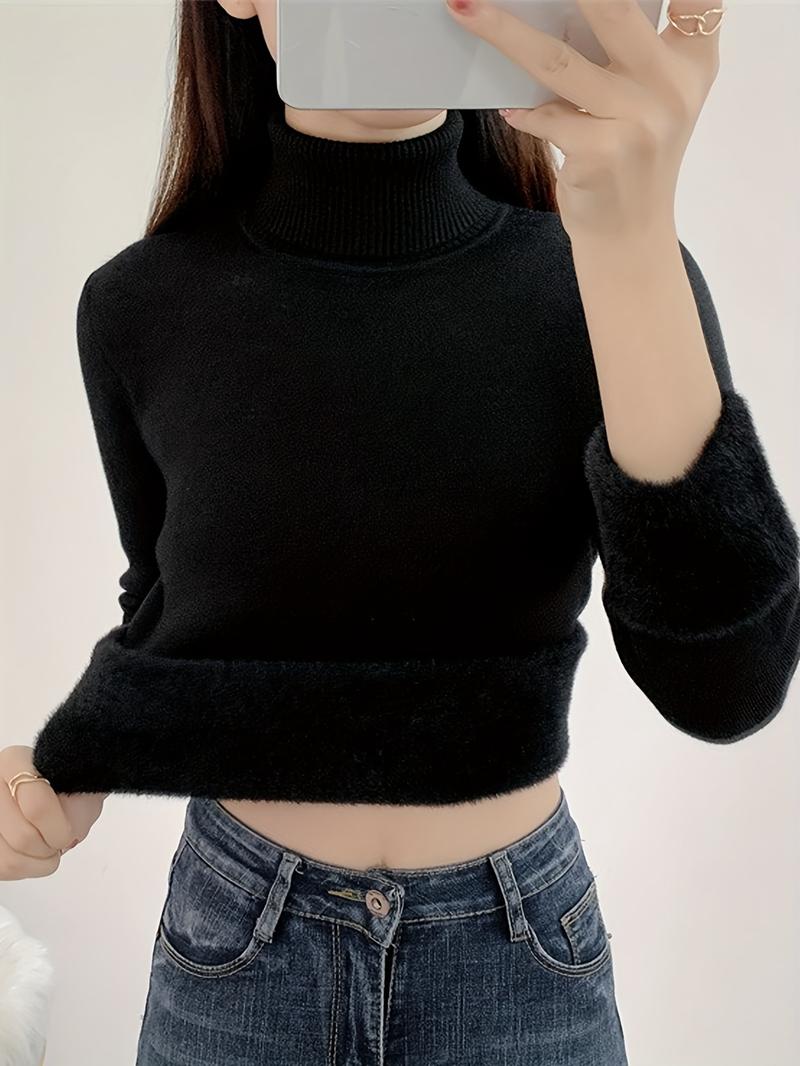 Product Introduction of Women's Thickened Fleece Lined Slim Fit Top, Warm Turtleneck Pullover, Casual Style Long Sleeve Base Layer Top For Winter Knitwear Womenswear Underwear Comfort Lady Knitting 11