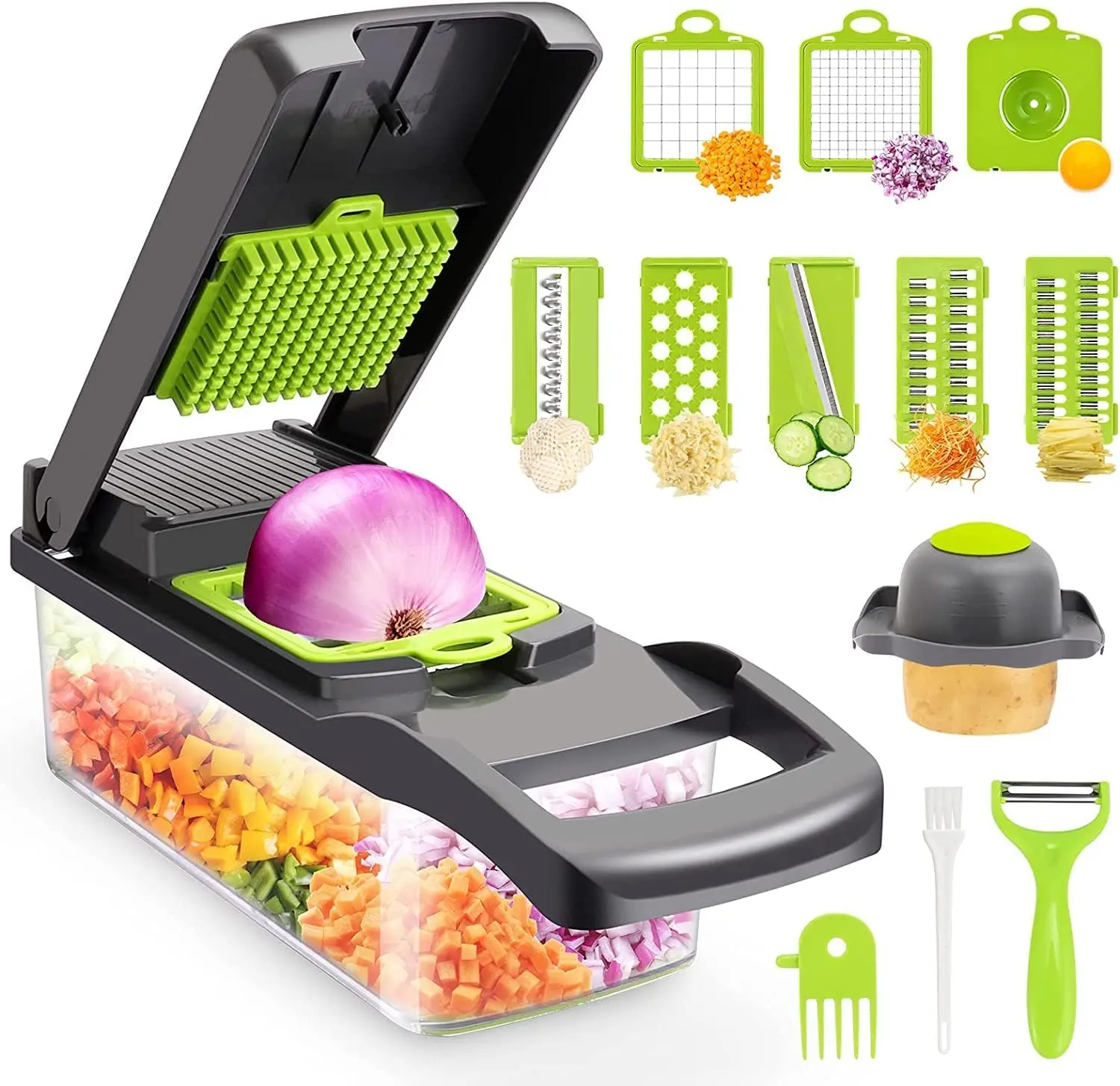 16 In 1 Vegetable Chopper Mandoline Vegetable Slicer Multifunctional Chopper Vegetable Cutter with 7 Blades Mitten Cleaning Brush and Peeler Food Chopper for Cutting Vegetables and Fruit Kitchen Stainless