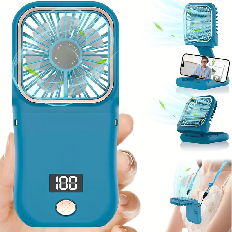 3000mAh USB Rechargeable Portable Handheld Mini Fan with Digital Display, 180° Adjustable, 3-Speed, Ultra-Thin Folding Neck Design for Personal Cooling, Travel, Sports 2