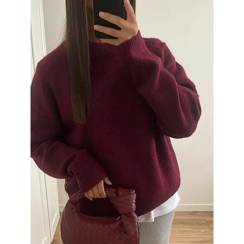Casual Brown O-Neck Knitted Cashmere Pullover Women Fashion Full Sleeve Loose Commute Jumper 2024 Autumn Lady Street Outerwears 4