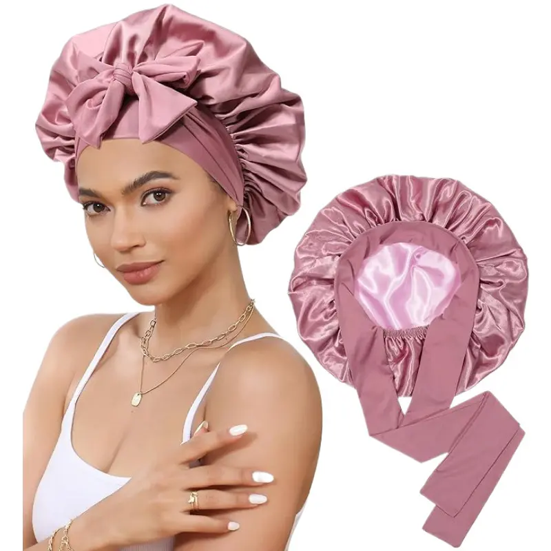 Satin Bonnet, Double-Sided Silk Bonnet Hair Wrap for Sleeping, Hair Bonnet for Bath, Hair Care Head Cover Hat for Women Girls Long, Straight, Curly Hair