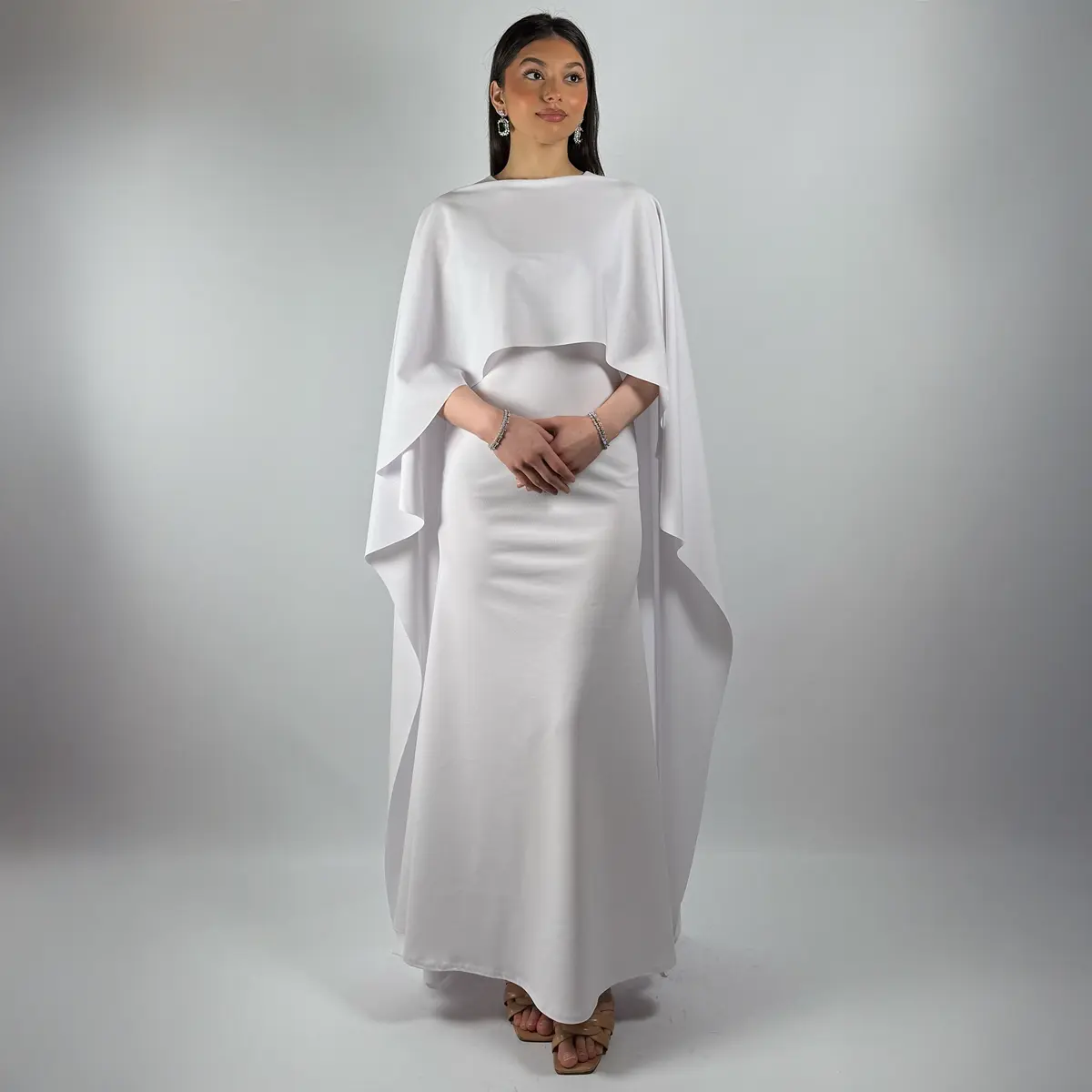 kafti White Elegant Maxi Dress with Front Cape for Women - Formal Evening Gown - Comfort, Womenswear