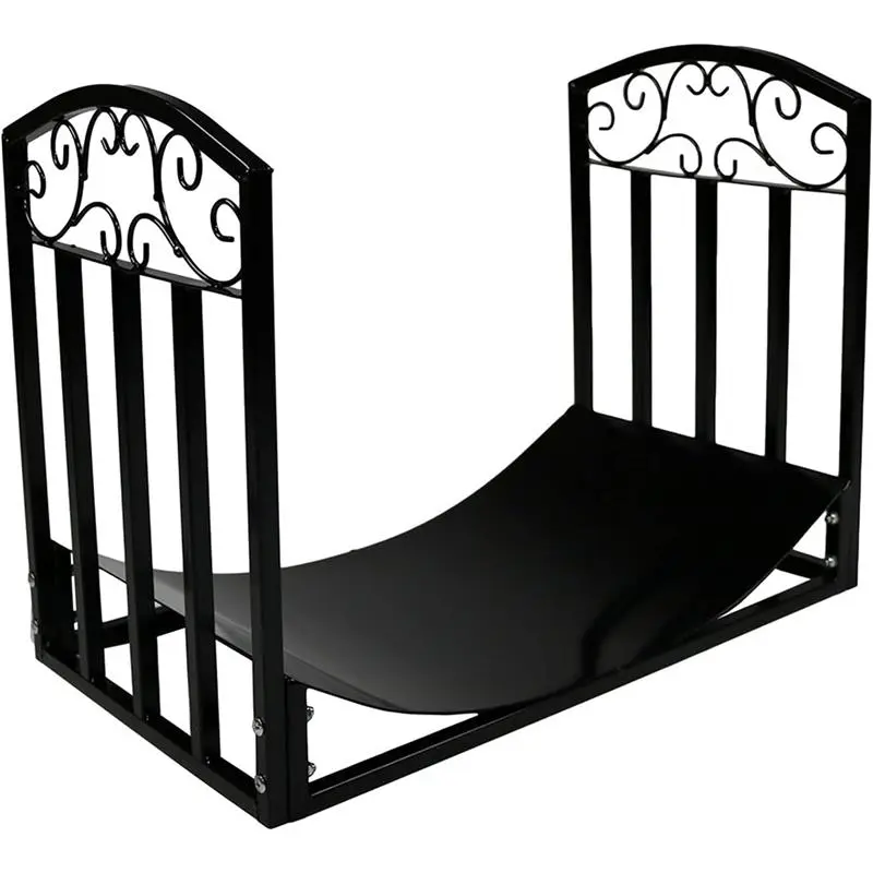 61 cm Firewood Log Storage Rack - Indoor/Outdoor Log Rack Black Powder-Coated Steel Decorative Fireplace Log Holder Metal Organiser Accessory Wooden 2