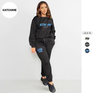 KatchMe Women's Casual KTH ME Print Loose Sweatshirt & Elastic Waist Sweatpants Co-ord,Letter Print Top & Drawstring Pocket Trousers Set,Womenswear