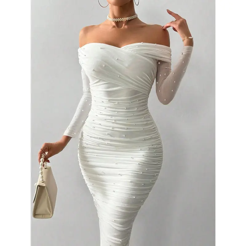 Firerie Women's Elegant White Open Shoulder Pearl Decor Ruched Slim Fit Maxi Dress, Graceful And Romantic For Party, Valentine's Day Fabric Formal 0