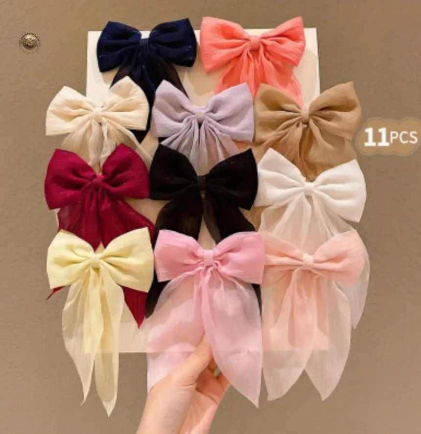 11pcs Preppy Style Bow Hair Clips Set - Non-Damage Cute Versatile Hair Accessories for Teens and Adults, All-Season Polyester and Weaving Bows hair bows big  pink