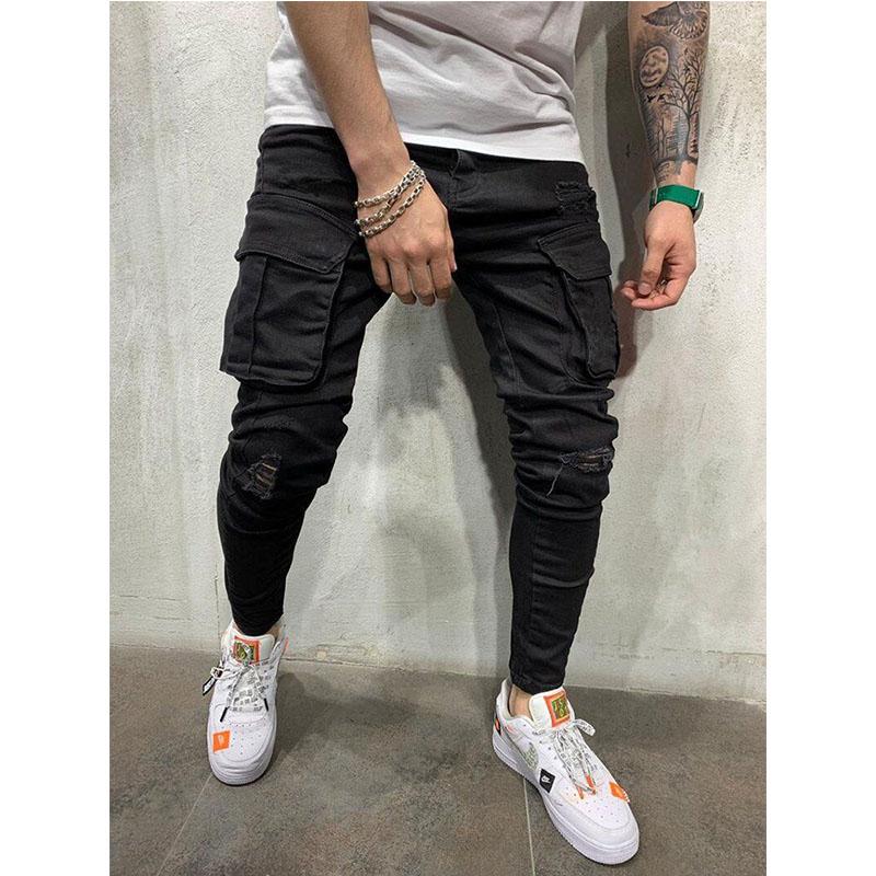 Spring Autumn Winter Men's Stretch Jeans Black Large Side Pocket Worker Jeans Fashion Zipper Skinny Jeans Stretch Jogging Pants Menswear Streetwear Trouser Denim 1