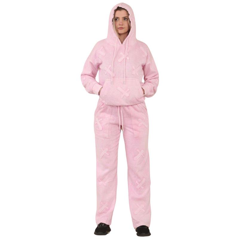 Womens Basic Cross Applique Tracksuit Oversized Drop Shoulder Hoodie Wide Leg Joggers 3