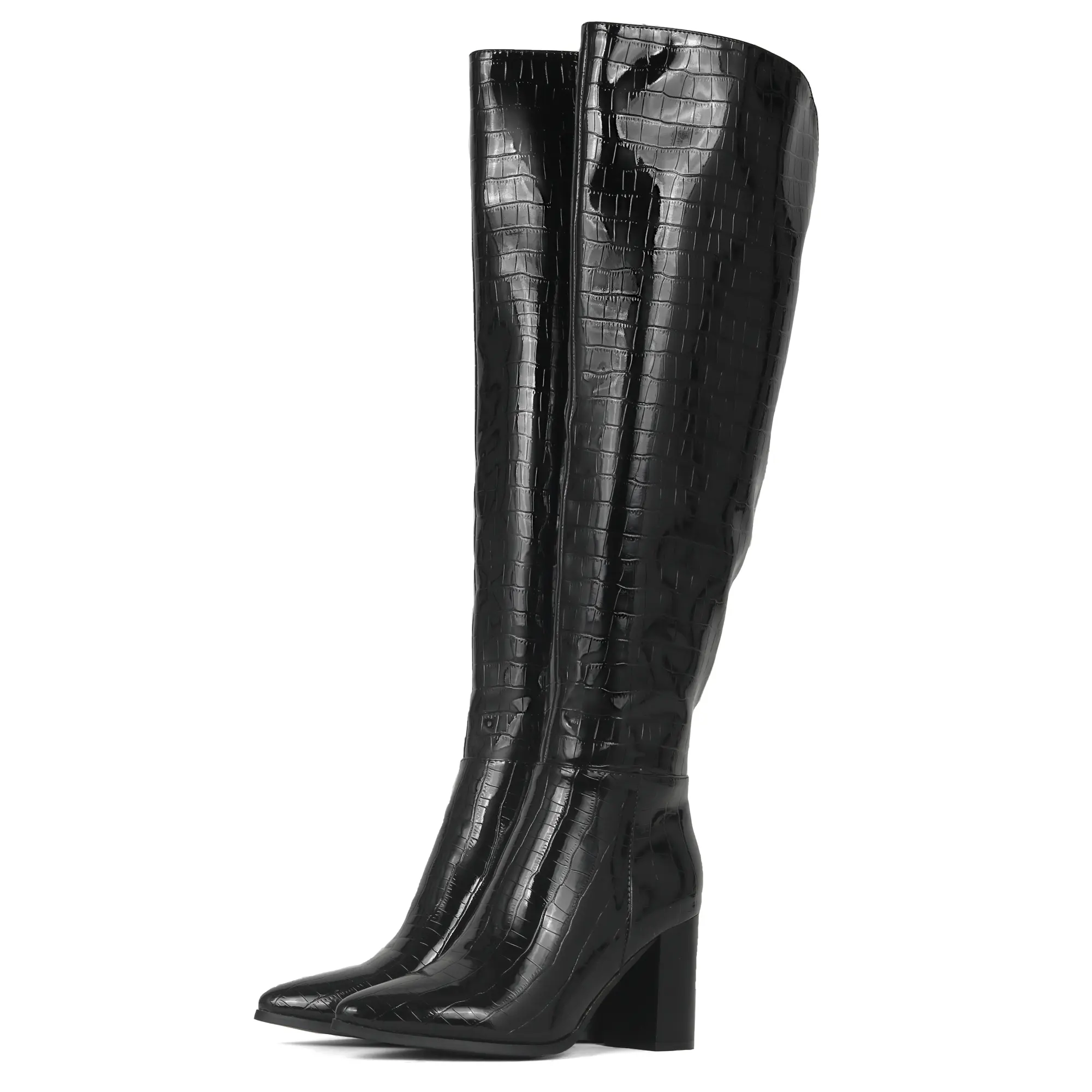 SHUMOKO Womens Faux Crocodile Leather Knee High Heel Boots Pointed Toe Womens Windproof Solid Minimalist Boots Womens Prom Party 8cm High Heel Boots Footwear Girl