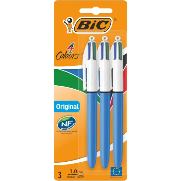 BIC 4 Colours Original Pens - Multi Coloured, Medium 1.0mm, 3 Pens/Pack, Green, Blue, Red, Black