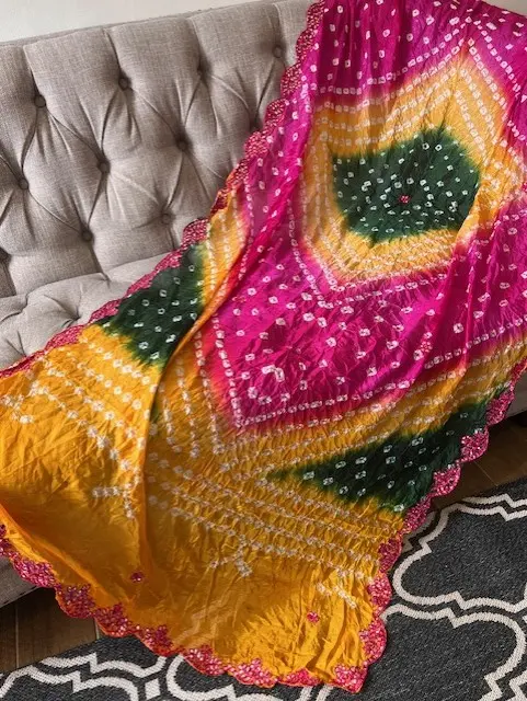 Multicoloured BANO print dupatta chunni scarf fancy. Available in 3 designs. Crushed Silk touch material. Approx L235cmxW90cm 4