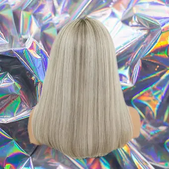 Lidia - Ash Gray Blonde Highlights Straight 100% Human Hair Lace Front Wig 1