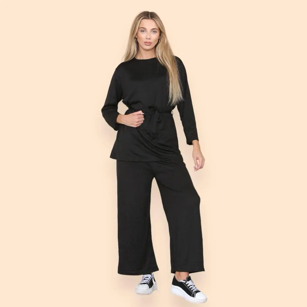 Ladies 2pcs Stylish Plain Co Ord Set Womens Light Knit Comfy Lounge Wear Belted Casual Wear Long Sleeve