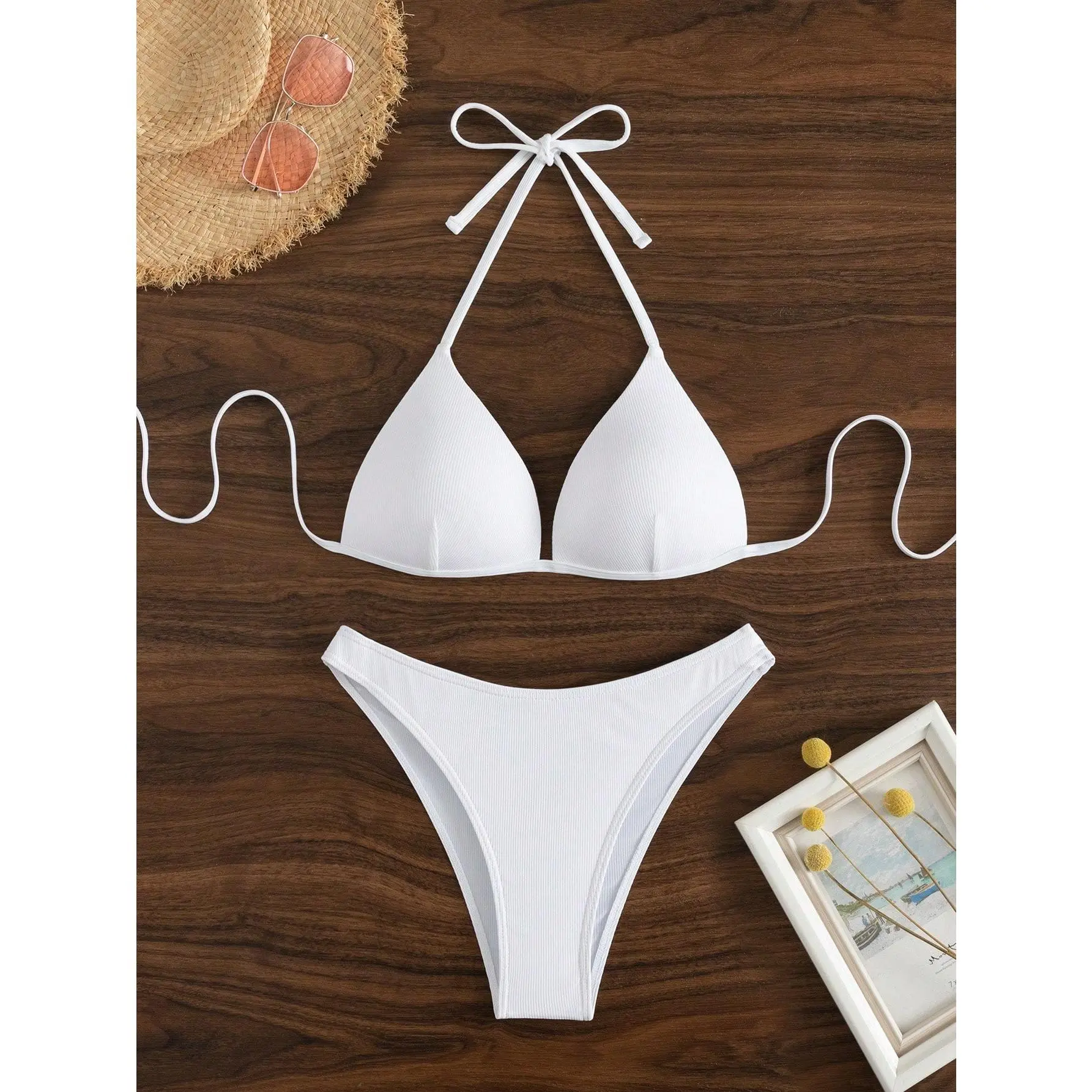 Swim Summer Beach Solid Halter Triangle Bikini Set