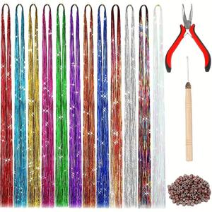 Hair Tinsel Strands Kit, 12 Colors 2400 Strands Tinsel Hair Extensions Glitter Hair Accessories Decoration for Party Supplies