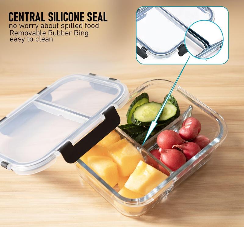Houszy 3 Compartment Glass Food Storage Containers with Airtight(Pack of 3), Leak-Proof Snap-Lock Lids - BPA-Free, Microwave, Dishwasher, Oven, & Freezer-Safe Lunch Boxes Kitchen Utensils Sturdy Set 1