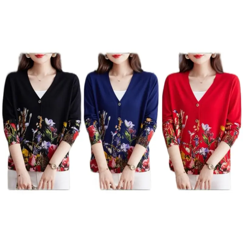 Korean Floral Knit Cardigan with Front Pockets for Women - V-Neck Knit Comfort Top - Tops, Vneck, Knitting, Knitwear, Bridal, Womenswear Long Sleeve Blue Fitted