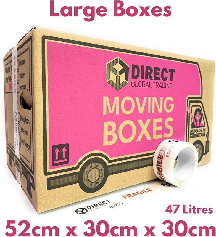 20 Strong Large Cardboard Storage Packing Moving House Boxes with Fragile Tape 52cm x 30cm x 30cm 47 Litres Carry Handles and Room List Organiser 1