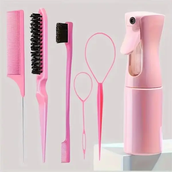 6pcs Hair Brush Set for Hairdressing, Spray Bottle, Hair Braiding, Loop Rat Tail Comb, Teasing, Hair Brush and Edge Control - Haircare, Heatless