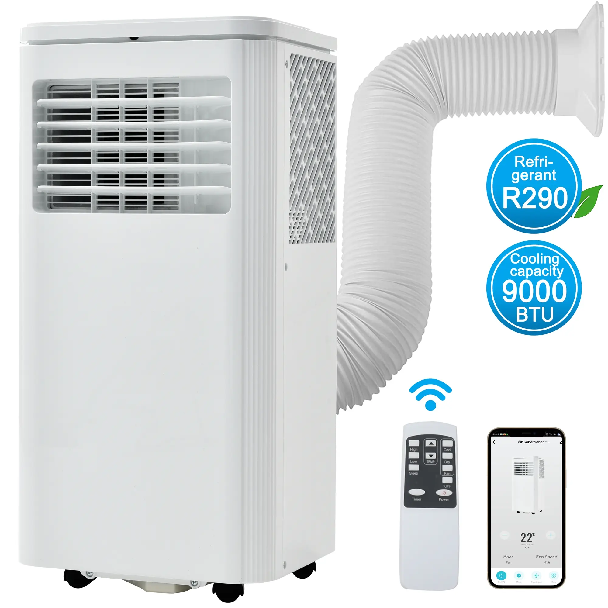 Mobile air conditioner 9000 BTU/h, 2.5KW. Dehumidifier, with exhaust air function, remote control/APP control/3 operating modes/for rooms up to 100 m³, 24-hour timer. Energy Efficiency class A