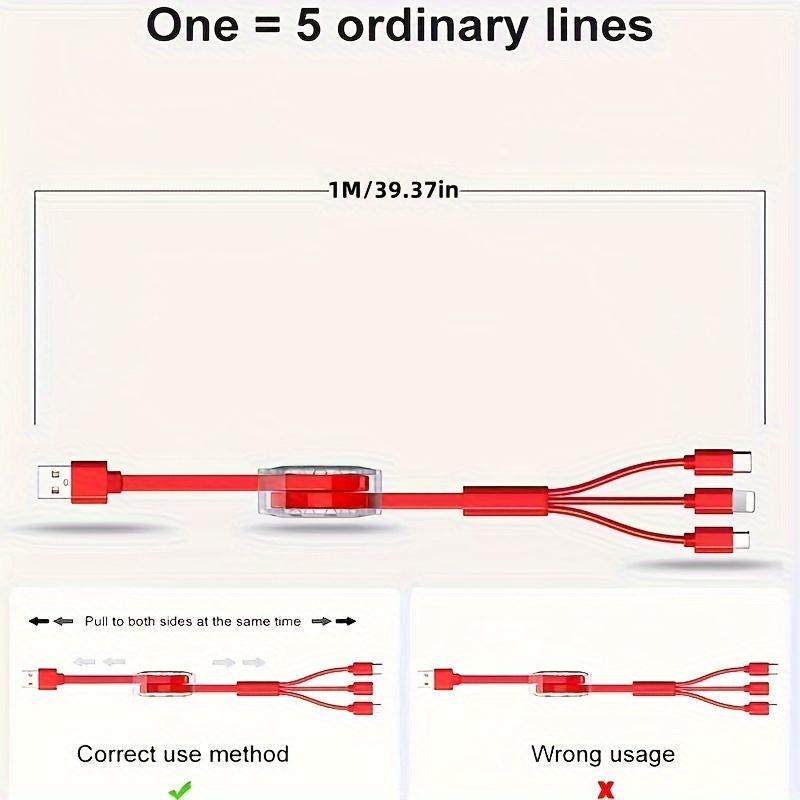 3-in-1 Retractable USB Cable - Flat Silicone, Male to Male, Universal Compatibility with iPhone, Android, Type-C, Micro USB - Portable Charger, 10-20W Power, No Battery, USB Powered 1