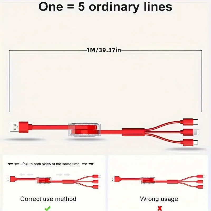 3-in-1 Retractable USB Cable - Flat Silicone, Male to Male, Universal Compatibility with iPhone, Android, Type-C, Micro USB - Portable Charger, 10-20W Power, No Battery, USB Powered 1
