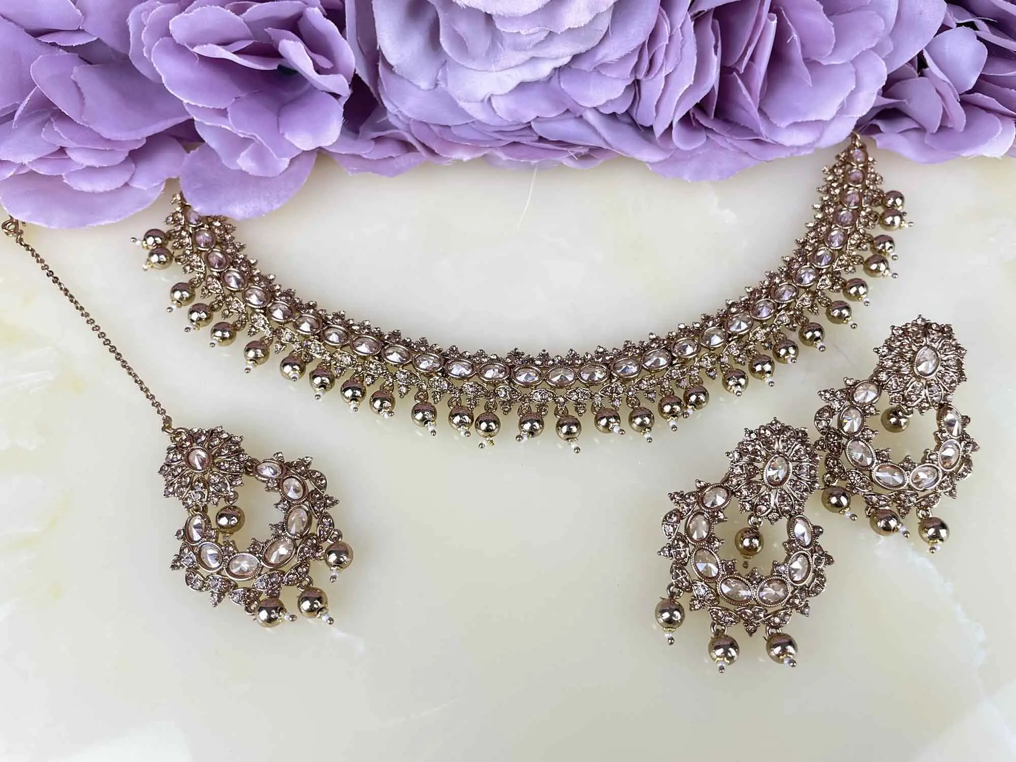 CHOHAN'S: traditional necklace earring tikka light set with beaded droplets