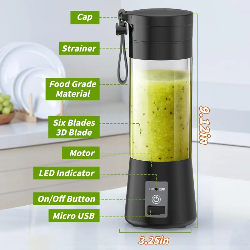 Portable Blender, Personal Mini Smoothie Blender, Juicer Blenders for Kitchen with USB Rechargeable and 6 Strong Cutting Power Blades, Ninja Blast Blender, Cordless 380ml Individual Blender for Gym, Office, Home, Travel portable blender juice 1