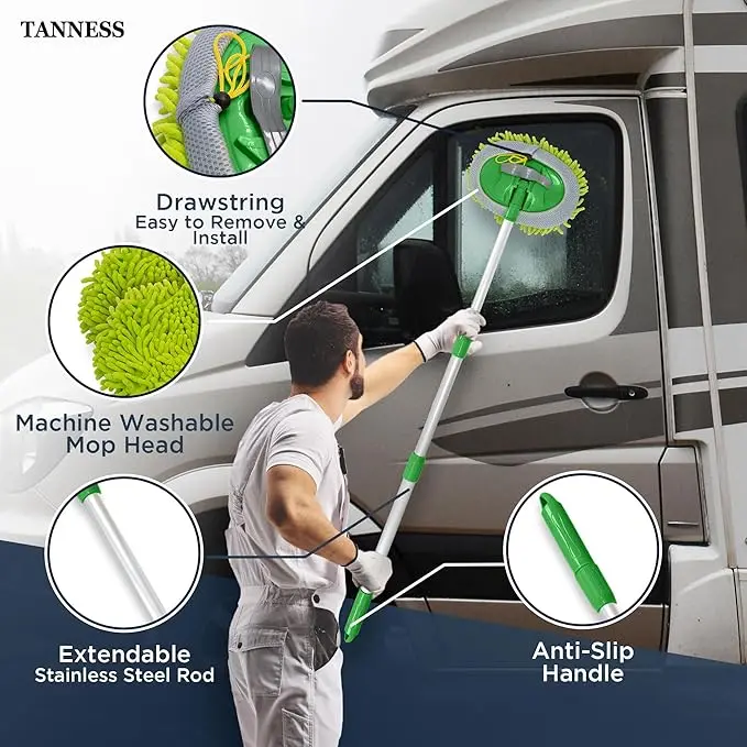 TANNESS Car Cleaning Brush | Microfibre Mop with Mittens | Car Wash Kit for Cleaning Van Truck Caravan | Scratch Free 2 x Mop Heads | 1 x Extendable Pole 60-106cm with 3 Sections Cleaning Products 2