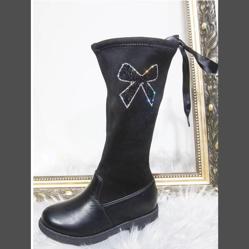 Kids Black knee length sock boots with diamante bow 0