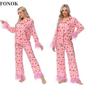 【FONOK】 1SET（2PCS）2024 Valentine's Day weetheart Love Printed  Pajamas V-Neck Button Long Sleeve Top & Leisure Ladies Bottoms Pajamas Loungewear Nightwear Womenswear Underwear Lady Homewear Pajama Set Pjs Comfort