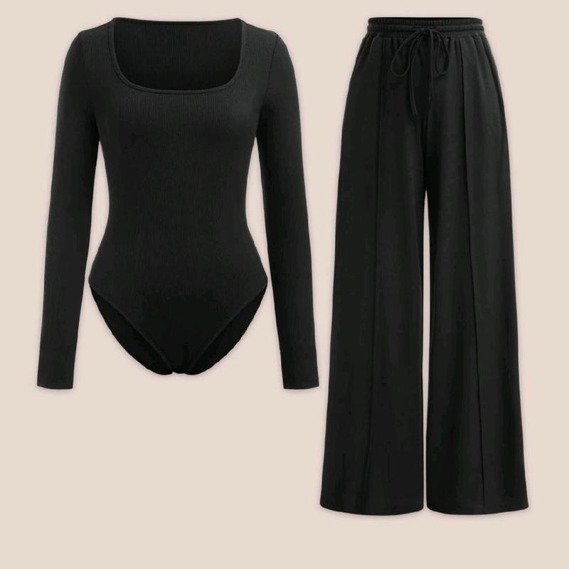 WOMENS LADIES 2 PIECE MATCHING SET CREW NECK BODYSUITS WIDE LEG TROUSERS PANTS PALAZZO SET LOUNGEWEAR LONGSLEEVES STRETCHY SOFT COMFY LADY ELASTICATED WAIST DRAWSTRING HIGH QUALITY COORD LOUNGESET COMFORT WOMENSWEAR OVERALL Basic Adjustable Comfortable 1
