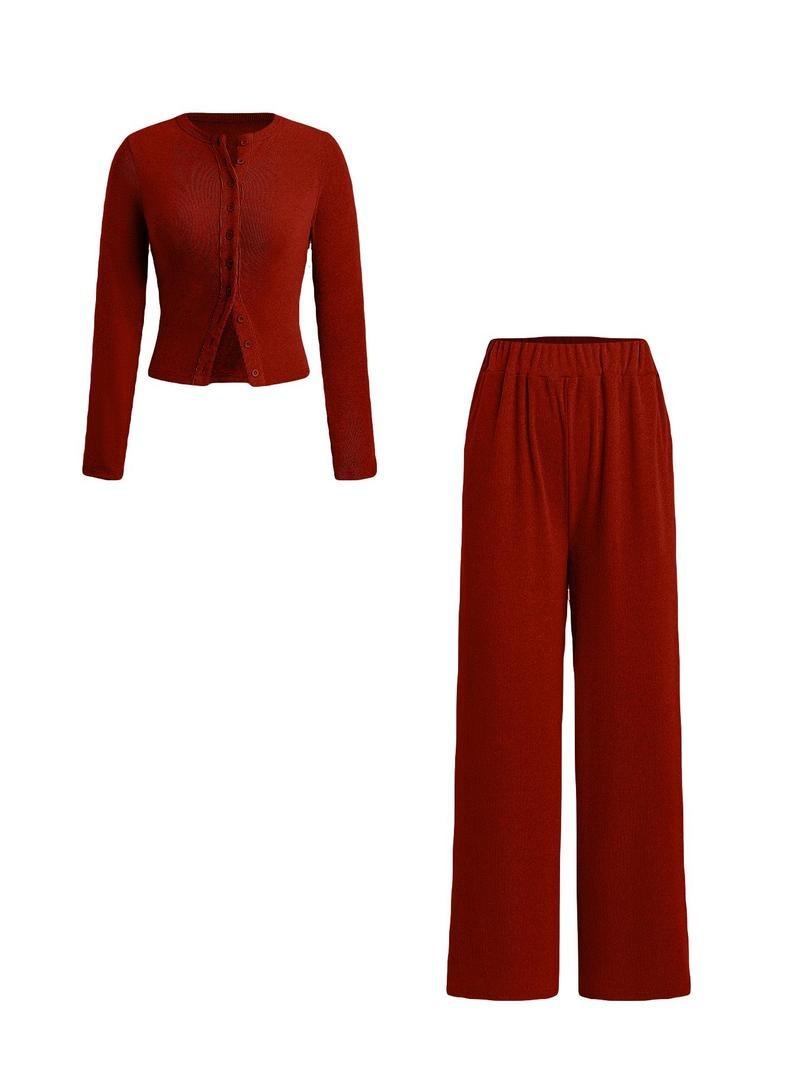 Product Introduction of Two-piece Set Women's Solid Button Front Ribbed Crop Top & Elastic Waist Pants, Casual Long Sleeve Round Neck Top & Trousers 2 Piece Set for Spring & Fall, Women's Clothes for Daily Wear, Sassyandclassyclothing 10
