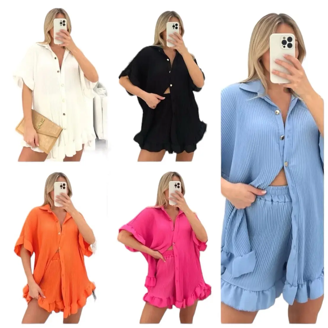 Women’s Ladies Gold Button Pleated Frill Ruffle Shirt Shorts Two Piece Co Ord Set Fit Womenswear