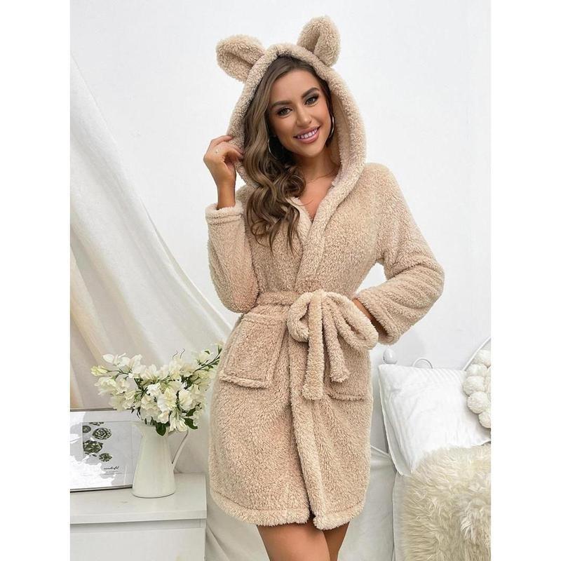 Women's Plain Pocket Hooded Robe, Casual Belted Long Sleeve Flannel Bathrobe For Home Spa, Women' Clothing For Fall Winter, Cold Weather Gear 8