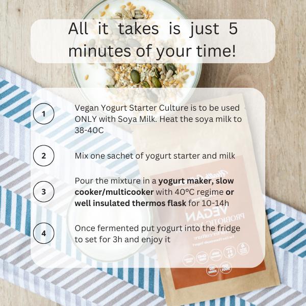 Vegan Yogurt Starter Culture to Make Wholesome Soya Yogurt at Home with 12 probiotics for gut health incl. L.Rhamnosus, L.Casei, L. Acidophilus & Bifidobacterium Infantis | Pack of 4 sachet = 8 Liters of Live & Natural Homemade Yogurt ( 1 month supply ) d 5
