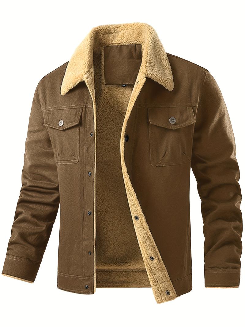 Product Introduction of Men's Fashion Trendy Cotton Fleece-Lined Jacket, Casual Workwear Outerwear with Sherpa Collar, Button-Up, Multiple Pockets Menswear Coats Tops Underwear Long Sleeve Beige Human Tights Plain Longsleeves Collared 0