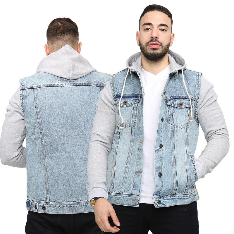 NOROZE Mens Trucker Denim Long Sleeves Jacket Detachable Hood Washed Denim Fleece Hoodie Classic Menswear Casual Western Style Jean Jackets Coat UK Sizes S-XXL 8
