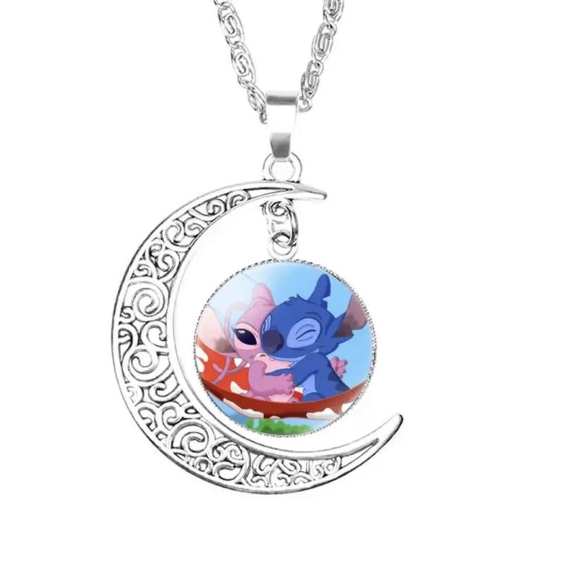 3 Piece Stitch and Angel  Necklace, Earring & Bracelet Set - Anime Cartoon 20mm Glass Dome Pendant Moon Alloy Chain Necklace Kids Gift Jewellery - Perfect Birthday / Christmas Gift 3