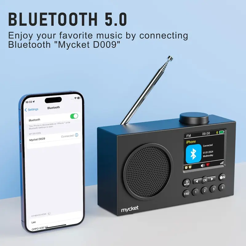 DAB Radio Portable, DAB Plus Digital Radio with Bluetooth, USB Rechargeable FM Radio, Battery Powered Small Radio, Dual Alarms Clock, Sleep Timer, 40 Presets Stations, 2.4" Large Colour Display Audio 2