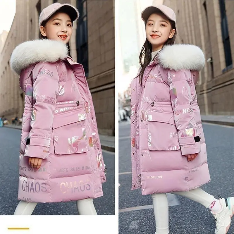 New 4-12 Years Fashion Winter Teenger Girls Jacket Hight Quality Heavy Keep Warm Large Fur Collar Hooded Coat For Kids 1