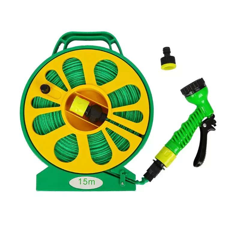15M Garden Hose Pipe Reel With Spray Nozzle Gun Flat Outdoor Watering Pipe 50FT
